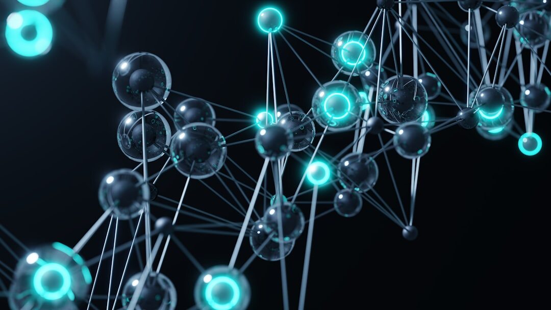 Glowing AI neural network visualization with blue nodes and connections on dark background